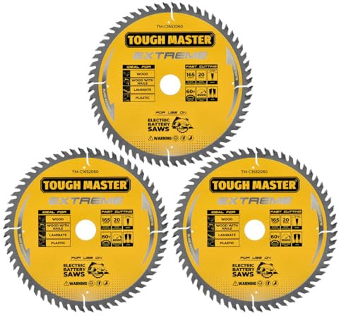 TOUGH MASTER Circular Saw Blade 165mm Professional TCT Mitre Saw Circular Saw Blade 165 x 20 x 60T Ideal for Wood, Wood With Nails, Laminate, Plastic, Fits Bosch Makita Dewalt (Pack of 3)