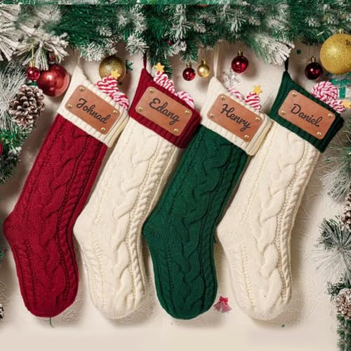 HOBULL Weihnachtsstrumpf Personalisiert Nikolausstrumpf mit Namen, 4 Stück 46cm Großer Gestrickt Weihnachtssocken Kamin zum Aufhängen für Familie, Kinder, Weihnachtsdekoration
