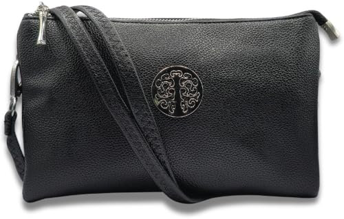 Crystal Bags Women's Medium Faux Leather Clutch - Adjustable Wristlet, Removable Shoulder Strap, Perfect for Evening & Day Out, Elegant Design. (Black)