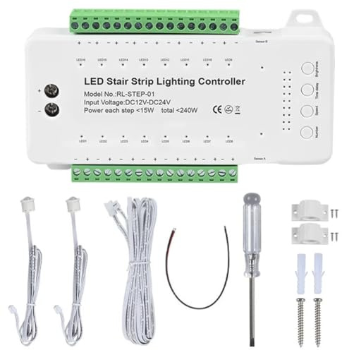 Rfeeuubft 16 Kanäle LED Treppenlicht Treppenhaus-Controller 2 PIR für Innen Flexible LED COB Streifen Licht Ohne Fernbedienung