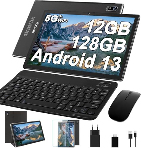 fezawio Tableta de 10 Pulgadas, Tableta Android 13, 2.0ghz, Ocho núcleos, 12 GB de Ram + 128 GB de ROM, TF 512GB, Bluetooth 5.0, reconocimiento Facial, Teclado + Funda de Cuero + ratón, Negro