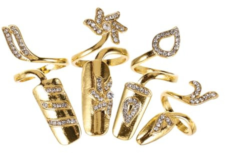 Beaupretty 4pcs Gold Rhinestone Decorative Nail Rings for Women, Fingernail Shaped Fashion Finger Rings Set, Adjustable Hand Jewelry Accessories for Daily Wear and Parties