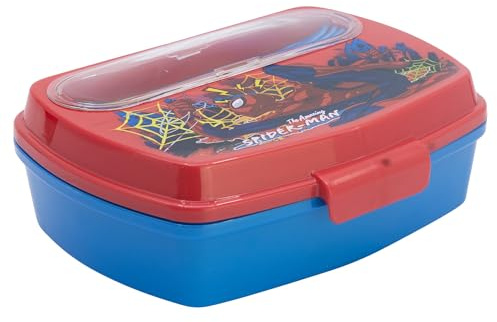 STOR Kinder Brotdose Spider-Man mit Besteck 1464ml - Rechteckige Lunchbox Kunststoff BPA-frei fur Schule Kindergarten und Ausfluge