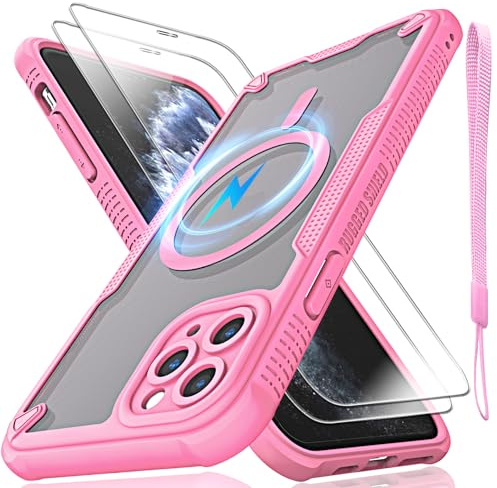 Htlhpxx for iPhone 11 Pro Max Magsafe Phone Case 6.5-inch-Pink | Translucent Matte Back with Magsafe Magnetic Slim Shockproof Protective Case and Lanyard Strap/2*9H Screen Protector