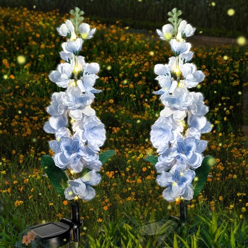 Solar Lights Outdoor, 2 Pack Upgraded Delphinium Solar Garden Lights,Waterproof Outdoor Light Solar Powered,Flower Garden Ornaments for Yard Lawn Patio Porch Pathway Cemetery Decorations (Blue)