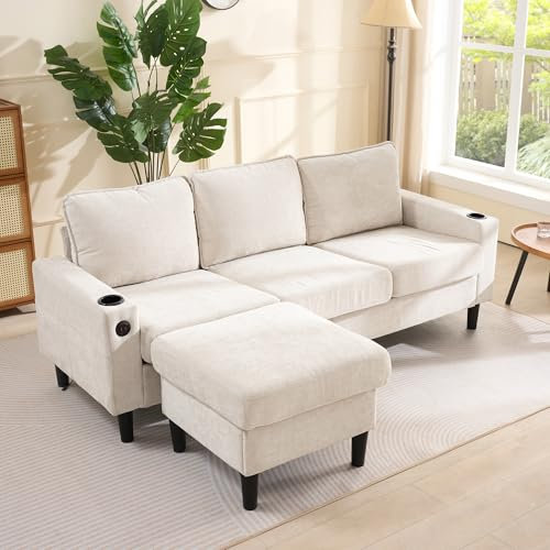 Merax L Shaped Sofa with Reversible Chaise, 3 Seater Corner Sofa with Storage Ottoman, USB Charging & Cup Holder, Sectional Sofa with Washable Covers, Linen Fabric Sofa for Living Room (Beige)