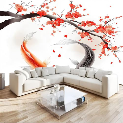 Générique Papier Peint Photo Décoration Peinture À L'Huile Représentant Un Poisson Prune 400x280 cm Revêtement Mural pour Chambre Salon Cuisine, Facile à Nettoyer, Blanc Design Unique et Moderne