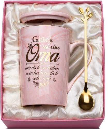 Oma Geschenk - Geschenk Oma Weihnachten, Om-a Geschen-k Geburtstag Tasse 400ml, Idee Om-a Geburtstagsgeschenk Marmor Keramiktasse mit Goldaufdruc, Deckel, Löffel, Geschenkbox