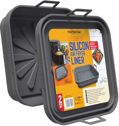 PORTENTUM Set de 2 Molde Silicona Freidora de Aire Cuadrados Plegables 22,5 cm – Para freidoras de aire de 4,7 a 8 litros – Recipientes Reutilizables – LFGB y BPA Free – Accesorios AirFryer