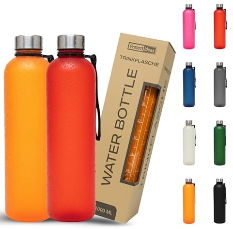 BierEx Trinkflasche 1l - Kohlensäure geeignet & Auslaufsicher - Für Sport, Schule & Büro - Sport Trinkflasche Gym - Wasserflasche Sprudel geeignet - Sportflasche 1 Liter (2 Stück Orange - Rot)