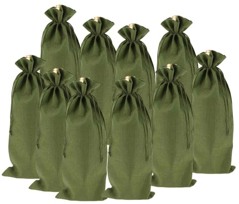 CAPASTEC 10 Stück Jute Weintaschen Army Green Für Hochzeiten Partys | Mit Kordelzug, 15x35cm, Leinen, Wiederverwendbar, Für Burgunder Und Champagnerflaschen, Für Weihnachten, Geschenkbeutel