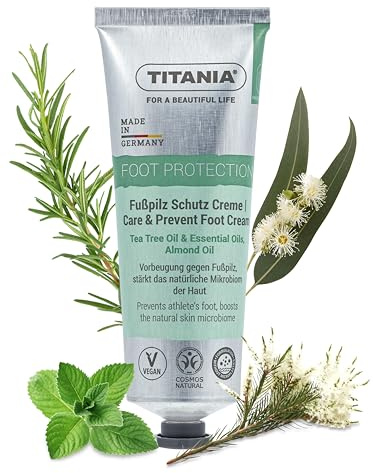 TITANIA Crema protettiva per i piedi con olio di albero del tè, rosmarino e olio di mandorle, nutre la pelle secca, rafforza il microbio, tollerabilità cutanea dermatologicamente testata, vegana