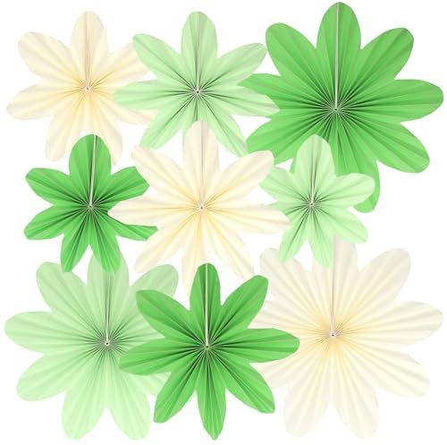 Green Birthday Decorations, Kaluofan 9 PCS Paper Flowers Decorations for Wall, Paper Fans Classroom Decor Hanging Floral for Birthday Weddding Festival Carnival Thanksgiving Decor