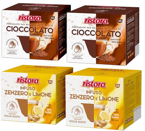 Set 80 Capsule Ristora Compatibili con le Macchine ad uso domestico Nescafè®* Dolce Gusto®* 40 Cioccolato 40 Infuso Zenzero e Limone