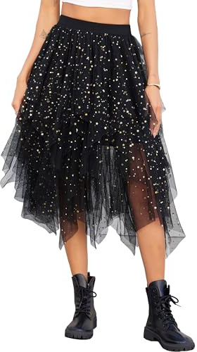 Lovasy Jupe Tulle Femme Paillette Robe Longue Tutu Irrégulier Superposée Jupes Plissée A-Line Elastique Taille Jupe Tutu Midi Noir Rose pour Carnaval Halloween Daily Prom Party Thé