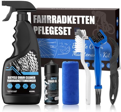 Kit de nettoyage pour vélo 6 en 1 comprenant 450 ml de nettoyant, 120 ml d'huile pour chaîne, des brosses de nettoyage et un chiffon en microfibre, adapté à tous les types de vélos