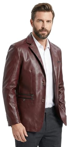 HESYSUAN Blazer en cuir souple à revers pour homme - Coupe droite - 2 boutons avec poches