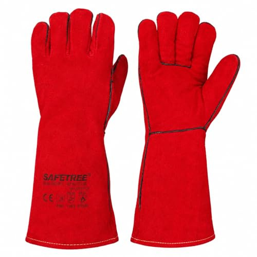 SAFETREE Schweißerhandschuhe aus Rindspaltleder, Größe 10 (XL), 35 cm Lange Stulpe, Hitzebeständig nach EN 12477 Typ A & EN 407, Professionelle Schutzhandschuhe für Schweißen, Kamin & Grill, Rot