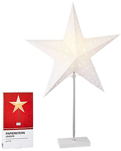 Tischlampe mit Metallfuß und Papierstern | Fensterdeko Lampe mit Lichteffekten | Sternlampe mit weißem Papierstern | E14 25W