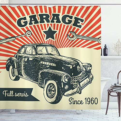 ABAKUHAUS Jahrgang Duschvorhang, 60 Retro-Auto-Pop-Art, Stoffliches Gewebe Badezimmerdekorationsset mit Haken, 175 x 200 cm, Smaragd Orange