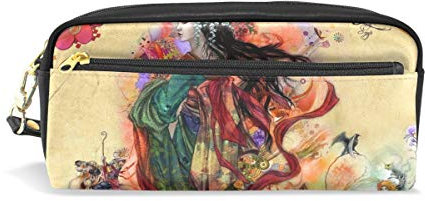 Eslifey Japanisches Mädchen Geisha tragbare Tasche PU Leder Schulstifteetui, Stifteetui, Stifteetui, für Kinder, wasserdicht, Kosmetiktasche, Make-up, Beauty Case