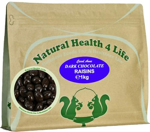 Natural Health 4 Life Carol Anne Confectioner Dark Chocolate Raisins 1kg, Chocolate Covered Raisins in Resealable Pouch, ‎3.5g Protein/100g, Vegetarian Snack for Parties, Baking, Events (Pack of 1)