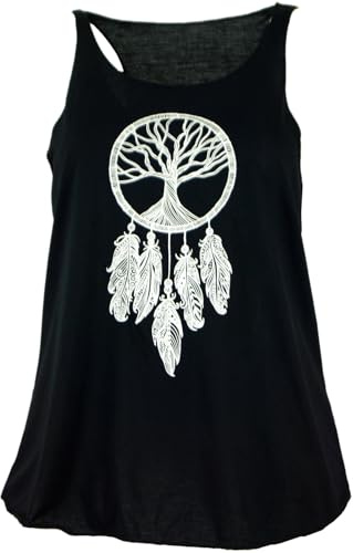 GURU SHOP Retro Art Tanktop mit Ethnodruck Traumfänger - Baum des Lebens Schwarz/weiß, Damen, Synthetisch