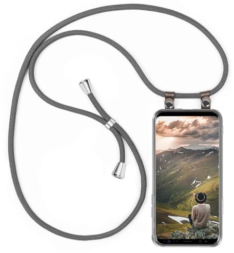moex Handykette für Samsung Galaxy S9 Plus Hülle mit Band abnehmbar, Handyhülle mit Kette zum Umhängen, Handyband Kordel Umhängehülle, Necklace Handy Umhängeband, Grau