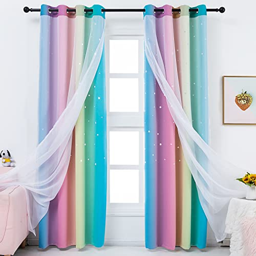 Anjee Stern-Vorhänge für Kinderzimmer, 2 Paneele, 2-in-1, doppellagig, Verdunkelungsvorhänge, Ösen, Top-Stern-Ausschnitt, Ombré-Regenbogen-Vorhänge, durchscheinend für Mädchen, Wohnzimmer, 132 x 213