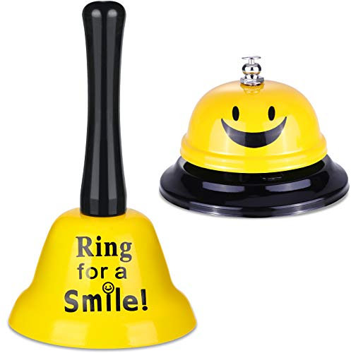 2 piezas anillo de servicio llamada campana sonriente campana timbre para hotel mostrador recepción restaurante línea de comida, caseta de eventos de boda, 2 estilos
