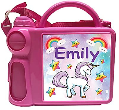 Personalised Unicorn Plastic Lunch Box and Water Bottle Back to School Gift Set