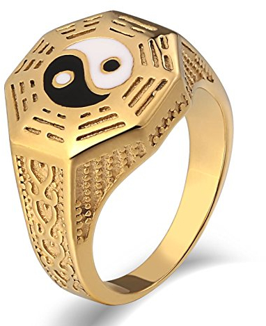 Beydodo Herren Ring Edelstahl Gold, Ring Personalisiert Punk Freundschaftsring Siegelring mit Yin Yang Größe 60 (19.1)