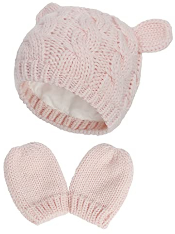 Simoda Neugeborene Baby Mütze und Kratzfäustlinge Set Gestrickte Warme Wintermütze Handschuhe Set für 0-18 Monate (Rosa, 3-6 Monate)