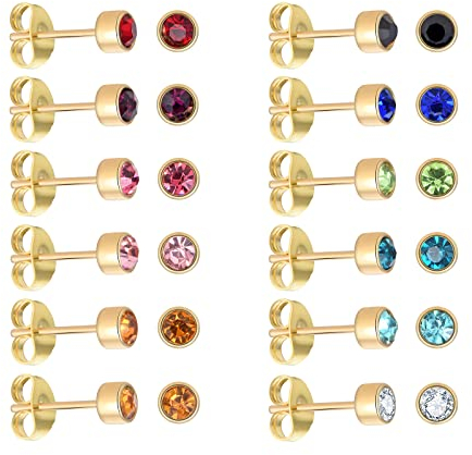 12 Paar 18 Karat Gelbgold plattiert Ohrstecker aus chirurgischem Edelstahl, CZ-Ohrstecker für Frauen, Zirkonia-Geburtsstein-Ohrstecker-Set 4mm (Round 4mm)