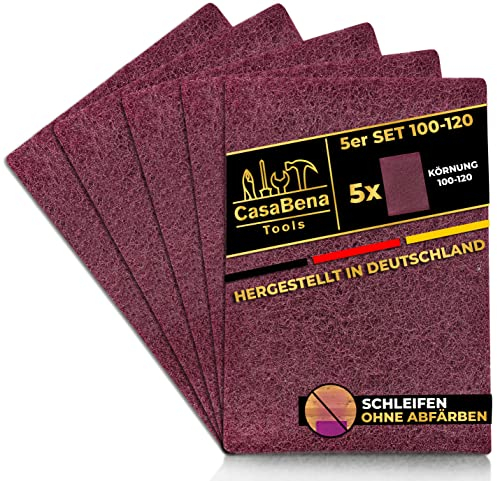 CasaBena® - 5er Set Schleifvlies für Holz, Metall, Lack & Edelstahl - MADE IN GERMANY - Schleifpapier & Schleifpads 5 Pads mit Körnungen [100-120] 150x210mm GROB - Schleifwolle & Schmirgelpapier