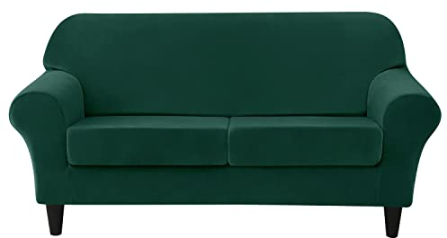 SYLC 3 Pieces Loveseat Sofa Slipcover, Sofa Cover 2 Seater with 2 Separate Seat Cushion Covers, Furniture Protector Collection Split Set Stretch Velvet (Dark green)