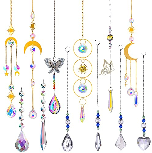 12 Stück Kristall-Sonnenfänger BOSOIRSOU Hängendes Windspiel Suncatcher Rainbow Maker Suncatcher für Fenster 3 Stile Farbiger Prismen-Ornament-Anhänger für Hausgarten-Auto-Dekoration
