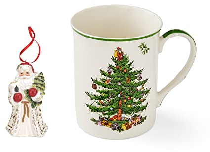 Spode Weihnachtsbaum 325 ml Becher Tasse und 7,6 cm Weihnachtsmann-Ornament-Set