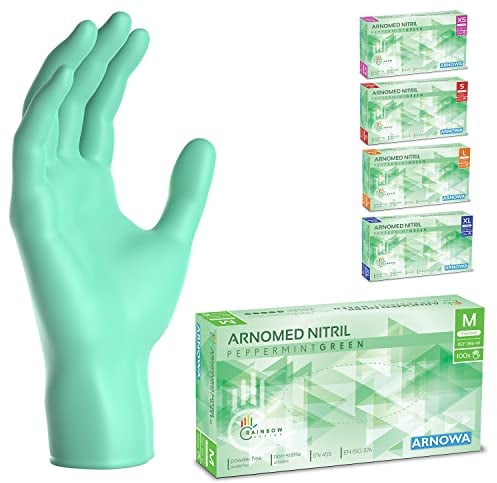ARNOMED Einweghandschuhe Grün 100 Stück/Box, Nitrilhandschuhe M, Einmalhandschuhe, Handschuhe Einweg puderfrei, latexfreie Gummihandschuhe, Einweghandschuhe in XS, S, M, L & XL verfügbar