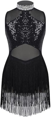 Alvivi Mädchen Tanzkleid Latein Pailletten Kleid Jazz Modern Dance Kostüm Quasten Kleid Salsa Tango Ballsaal Tanzkostüm Schwarz 158-164