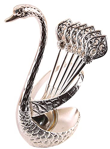 6 Stück Kaffee Dessert Löffel Set, Schwanenform Löffel Set,Schwan Basishalter Löffel Organizer mit Schwanenbodenhalter, für Kaffee, Dessert, Rühren, Teelöffel (Silber)