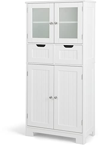 COSTWAY Meuble de Salle de Bain à 4 Portes 2 Tiroirs, Colonne Salle de Bain Armoire Haute avec Étagères Réglables pour Salon, Cuisine, 30 x 60 x 128 cm, Blanc
