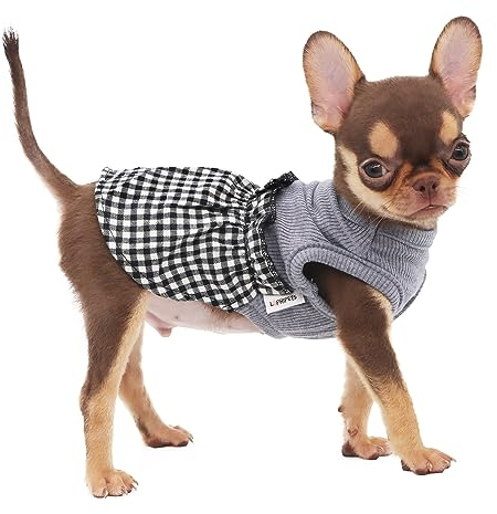LOPHIPETS Dog Plaid Dress for Small Dogs Teacup Chihuahua Yorkie Puppy Cat Clothes-Black and White Plaid/XS