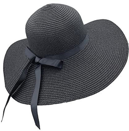 goodluxx Eleganter Schlapphut Strohhut Frau Faltbar Breite Seite Casual Female Hut Sonnenblenden Top Cap mit Schleife Knoten Reise Sonnenmütze Sommer Meer Hut Schwarz