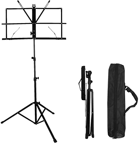 ASelected Sheet music stand portable travel rack musical instrument accessories, sturdy adjustable height lift tripod base metal with sheet music clip bracket, with a handbag