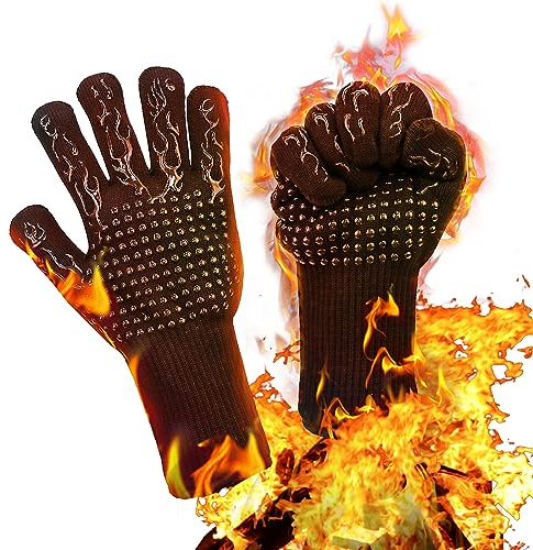 BBQ Gloves Heat Resistant Gloves, 800°C/1472°F Heat Proof Oven Gloves with Fingers, Long Wrist Protect, Non-Slip Silicone, for Cooking, Baking, Barbecue, Kitchen, Welding, Repair - Black