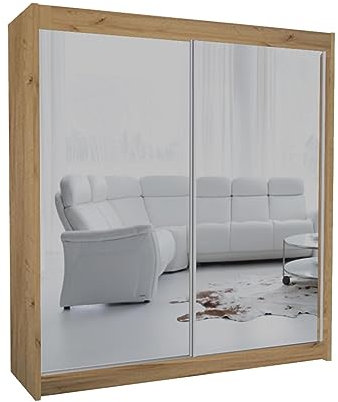 Mars Meble Schrank mit Schwebetüren Debra Kleiderschrank mit Spiegeln Kleiderstangen Garderobe, Farbe: Eiche Artisan, Breite: 200 cm