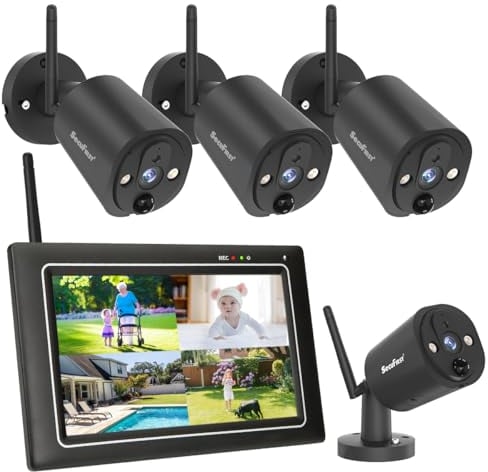 SecuFirst 2K Funk Überwachungskamera Aussen Set mit Monitor,4X Außen Kameras Videoüberwachung +7 Zoll Touchscreen NVR Bildschrim,mit PIR AI Bewegungsmelder,64 GB SD-Karte.