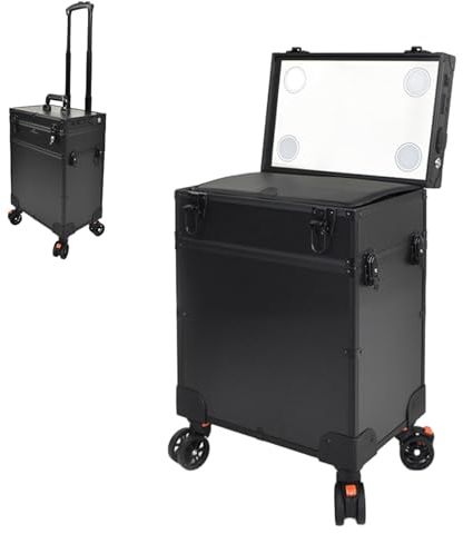 Kosmetikkoffer Pilotenkoffer Beauty Case Reisetrolley Friseurkoffer Kosmetik Trolley, Aluminium-Waschtischkoffer Rollkoffer, Kosmetikkoffer Mit Licht Und Spiegel, Schwarz
