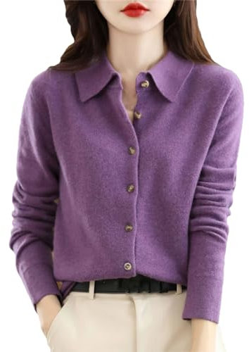 Maglione a maniche lunghe da donna Autunno Inverno Cardigan in lana tinta unita Turn-Down Collar Maglieria in cashmere Top lavorati a maglia, Viola scuro, S